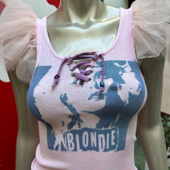 BLONDIE inspired 80s singer distressed rocking ribbed graffiti soft tank top S - Picture 7 of 17
